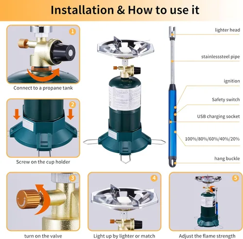 Vista 5 de Estufa de propano para acampar con quemador de propano, estufa de propano con parte superior de botella de un solo quemador, llama ajustable