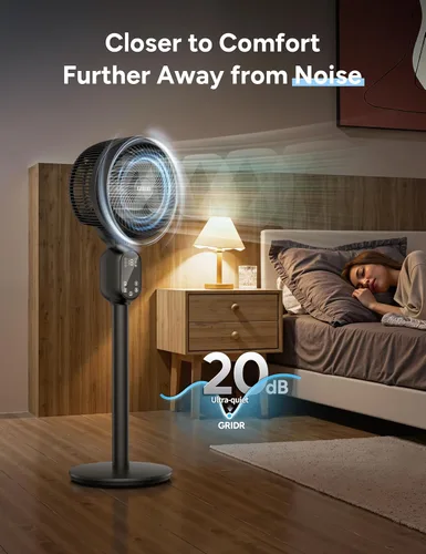 Vista 5 de GRIDR Ventilador para dormitorio, ventiladores de pedestal oscilantes inteligentes de 90° + 90°, ventiladores de pie para el hogar, 12 velocidades