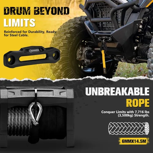 Vista 4 de BUNKER INDUST Cabrestante eléctrico de 6500 libras 12V impermeable con cuerda sintética Hawse Fairlead Kit para todoterreno UTV ATV, cabrestante
