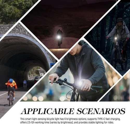 Vista 6 de Luz de bicicleta de 2500 lúmenes con sensor de luz automático, faro LED súper brillante, recargable USB-C, fácil instalación para conducción