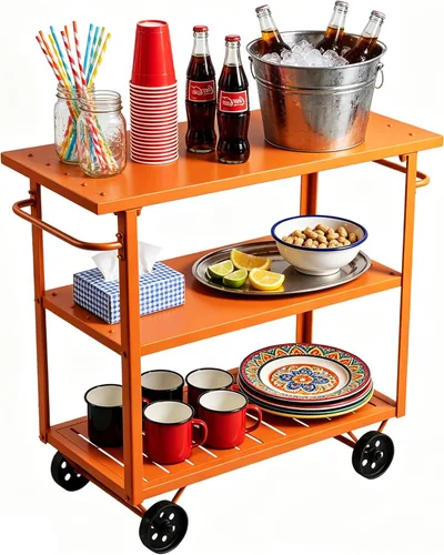 Vista 9 de LOKKHAN Orange 3-Tier Metal Rolling Beverage Bar Cart Waterproof Rustproof Serving Cart with Handle 39.37 x 15.74 x 41 in Indoor Use Outdoor