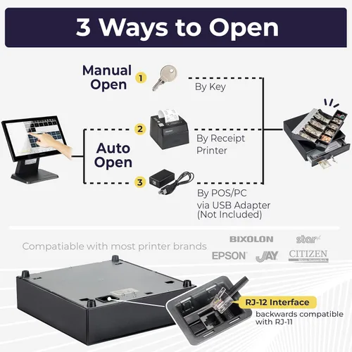Vista 5 de Volcora Cajón de caja registradora de 13 pulgadas para sistema de punto de venta (POS) con bandeja de efectivo de 2 niveles totalmente extraíble, 4