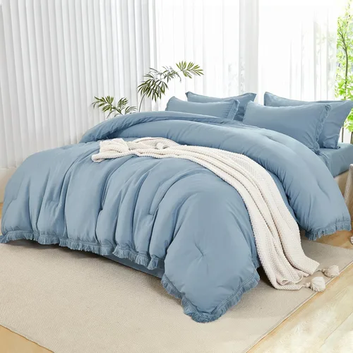 Vista 14 de Andency Juego de ropa de cama con edredón tamaño matrimonial beige con sábanas - 7 piezas, estilo bohemio con borlas, ropa de cama ligera en una 01