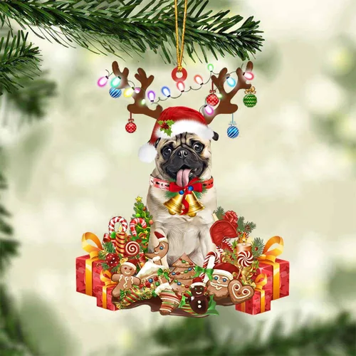 Pug Dog Christmas Ornament 2024, Awesome Tongue Out Fawn Pug Puppy Dog With Christmas Reindeer Horn And Gift Box Ornament Hanging Christmas Tree