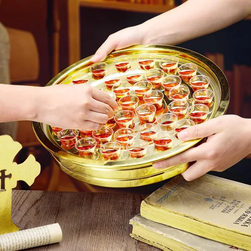 Vista 4 de Jingmore Communion Ware - 3 bandejas para servir vino santo con 1 cubierta, suministros de comunión de acero inoxidable, bandejas plateadas