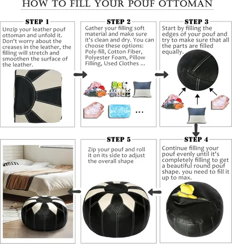 Vista 6 de Thgonwid - Puf otomano sin relleno marroquí de cuero sintético con almacenamiento - Reposapiés multiusos bohemio chic hecho a mano para sala