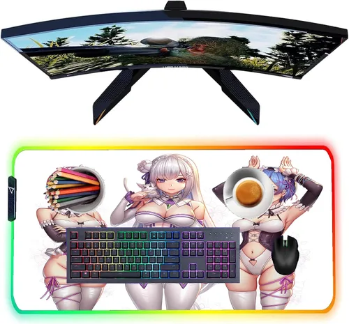 RGB Anime Girl Sexy Butt Breasts Chest Mouse Pad Gamer Keyboard Pad Large LED Gaming Mousepad XXL Gaming Desk PC with Backlit Mause Carpet 35.43