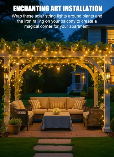 Vista 5 de Brightown Guirnalda de luces solares, 2 paquetes de 200 luces LED solares de 66 pies con 8 modos, luces solares impermeables para exteriores, patio