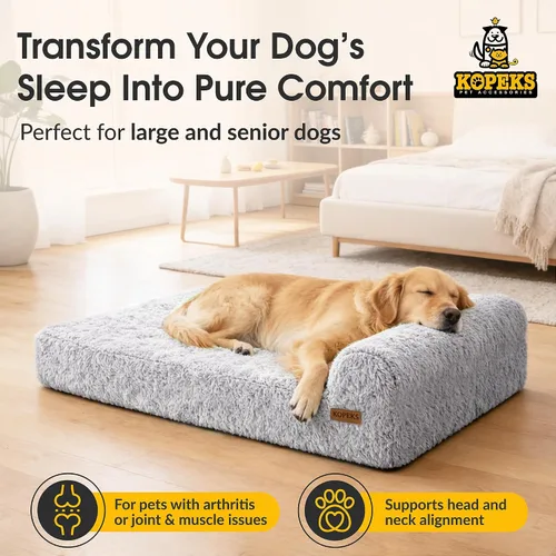 Vista 2 de KOPEKS Cama ortopédica de espuma viscoelástica para perros de 7 pulgadas de grosor, cama extragrande para perros con almohada, color gris esponjoso