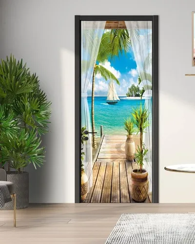 Vista 3 de FLFK Mural de puerta Adhesivo adhesivo para puerta, papel tapiz autoadhesivo extraíble para puerta de océano, para decoración del hogar, 30.3