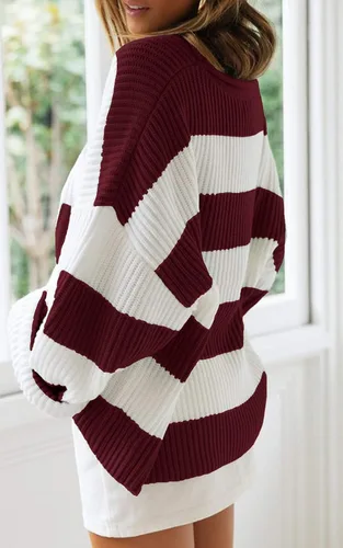 Vista 7 de ZESICA - Suéter tejido sin botones de manga larga y cuello redondo para mujer, a rayas, bloques de color, cómodo, holgado, talla extragrande