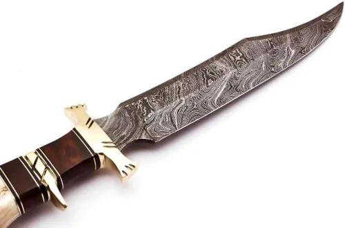 Vista 2 de Cuchillo de caza de acero de Damasco con mango de asta de ciervo con madera de Burl y protector de latón, hoja de fijación de borde afilado hecho a
