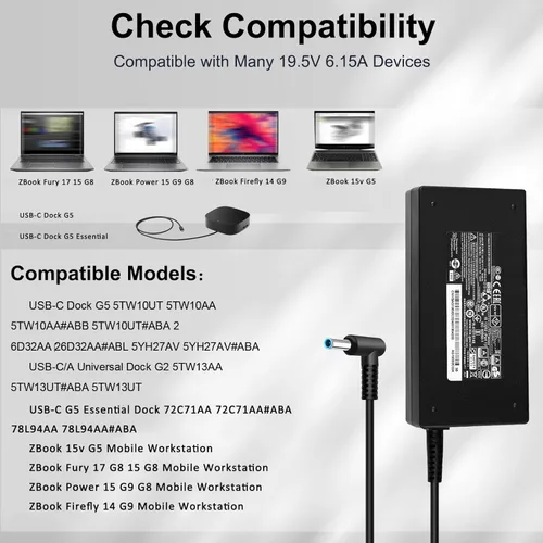 Vista 3 de Cargador de 120 W 6.15 A 710415-001 L41856-001 para HP USB-C Dock G5 5TW10UT 5TW10AA 5TW10AA #ABB 5TW10UT#ABA USB-C/A Universal Dock G2 5TW13AA HP