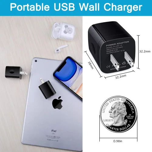Vista 2 de Bloque de cargador de pared, 2.1A/5V de doble puerto USB, enchufe de pared para teléfono, adaptador USB de viaje, paquete de 3 cubos de cargador