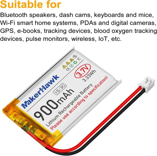Vista 6 de MakerHawk Batería LiPo de 3.7 V 900 mAh recargable 1S 603450 baterías de polímero de litio con doble placa de protección, enchufe micro JST 2.0
