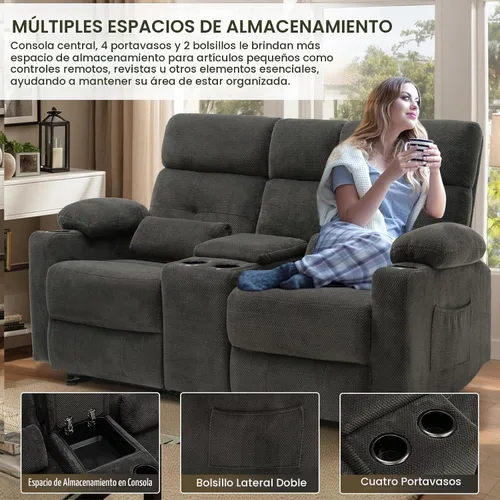 Vista 8 de Sofá Biplaza Reclinable Eléctrico con Consola, Sofá Biplaza Reclinable Eléctrico con Calor y Masaje, Reposapiés Extendido, Sofá Biplaza Reclinable