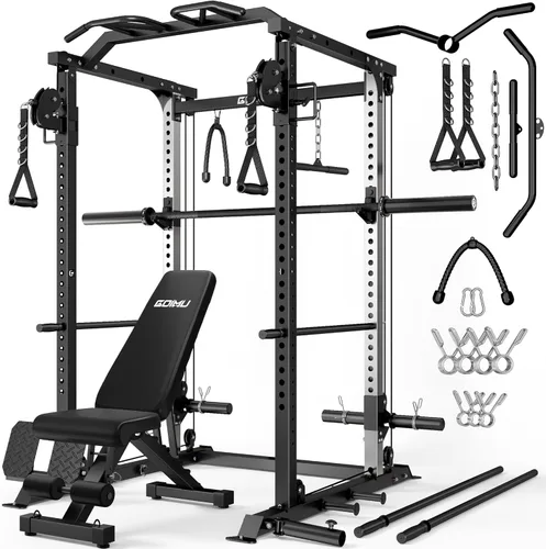 Vista 25 de DP01 - Jaula de potencia, estante para sentadillas de 2000 libras con cable cruzado y sistema de polea doble independiente, jaula completa