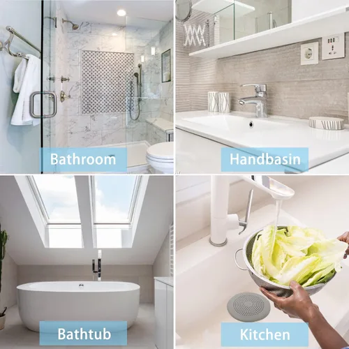 Vista 6 de Paquete de 6 atrapapelos de desagüe de silicona duradera, tapones para cabello, cubiertas para desagüe de ducha, fácil de instalar y limpiar