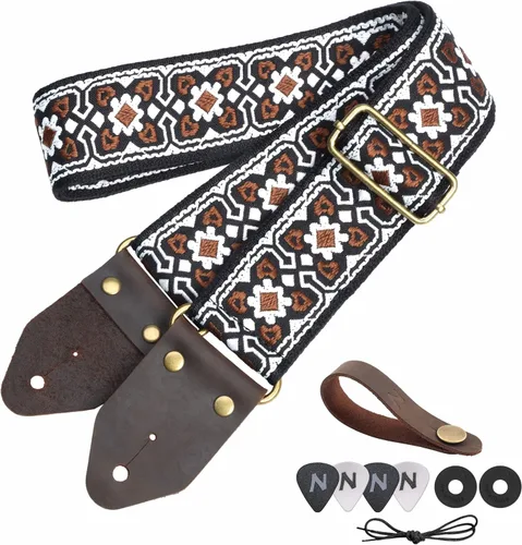 Vista 38 de Nefelibata Correa de guitarra, correas de guitarra de algodón bordado jacquard con extremos de cuero de caballo loco para bajo, eléctrico