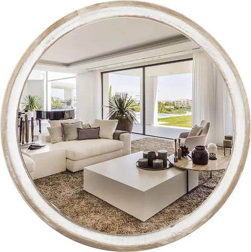Vista 11 de Reflinto Espejos decorativos redondos de madera de 24 pulgadas para decoración de pared, espejo circular rústico para dormitorio, baño, sala