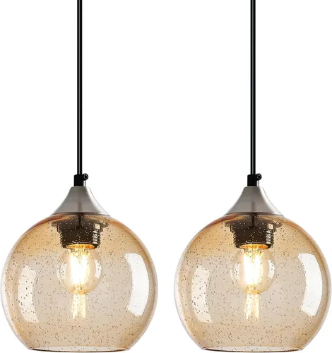 Vista 36 de Luces colgantes de vidrio marrón claro, lámpara colgante de globo de isla de cocina, lámparas colgantes modernas para dormitorio, sala de estar
