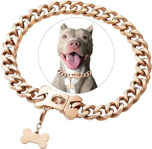 Vista 7 de Collar de acero inoxidable con eslabones de oro cubano resistente para perros pequeños, medianos y grandes, collar de perro de bulldog francés