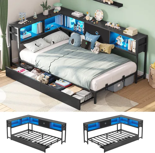 Vista 9 de Hasuit - Base de cama esquinera de tamaño matrimonial con cajones de almacenamiento y cabecera con estantería, plataforma de metal, estación