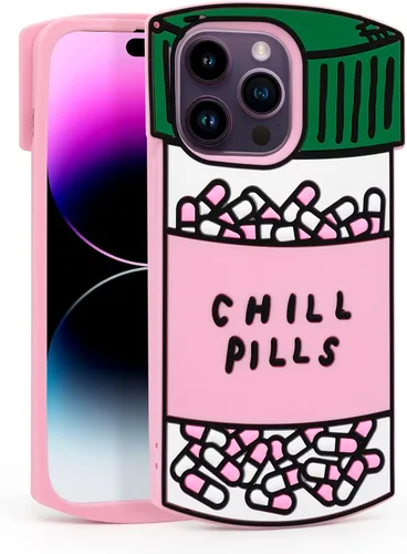 Dumkery Funda para iPhone 13 Pro Max con pastillas para enfriar, iPhone 14 Pro Max, botella de cápsula para iPhone 15 Pro Max 3D de dibujos animados