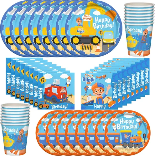 Treasures Gifted Suministros para fiesta de cumpleaños con licencia oficial de Blippi, sirve para 16 invitados, juego clásico de vajilla para