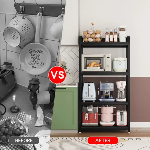 Vista 4 de Soporte para microondas de 4 niveles, estantes grandes para cocinas, estante de altura ajustable, barra de café para sala de estar, color negro