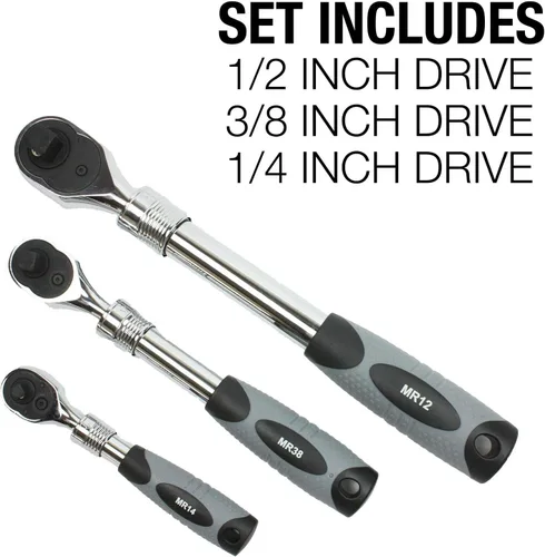 Vista 2 de Juego de llave de carraca extensible E-Z de tres piezas, con carracas de 1/4, 1/2 y 3/8 pulgadas, color rojo