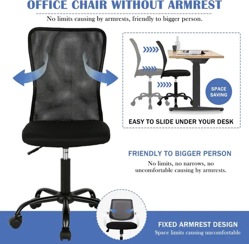 Vista 6 de Silla de oficina pequeña, silla de escritorio sin brazos con ruedas, silla ergonómica para computadora con soporte lumbar, silla giratoria de malla