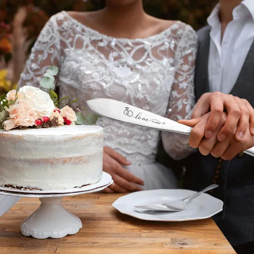 Vista 7 de Juego de cuchillo y servidor para pastel de boda, copas de champán para regalos de despedida de soltera Dorado
