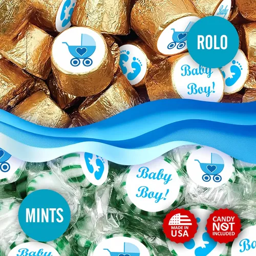 Vista 6 de 324 calcomanías azules para baby shower con texto en inglés «It's a Boy» para baby shower o decoración de fiesta, calcomanías de gotas de chocolate