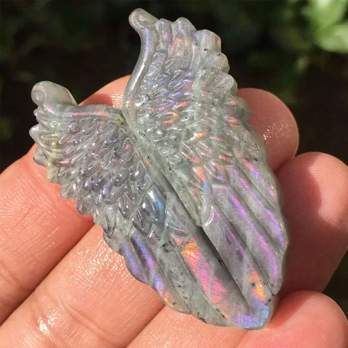 Vista 7 de TEAMWILL Natural púrpura labradorita cuarzo tallado a mano ala cristal Reiki curación 1PC