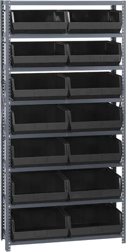 Vista 335 de Quantum QSBU-245BK Heavy Duty Shelving Unit with (7) Shelves and (24) QUS245 Black Bins for Garage Warehouse Storage Distribution 400 lb Load