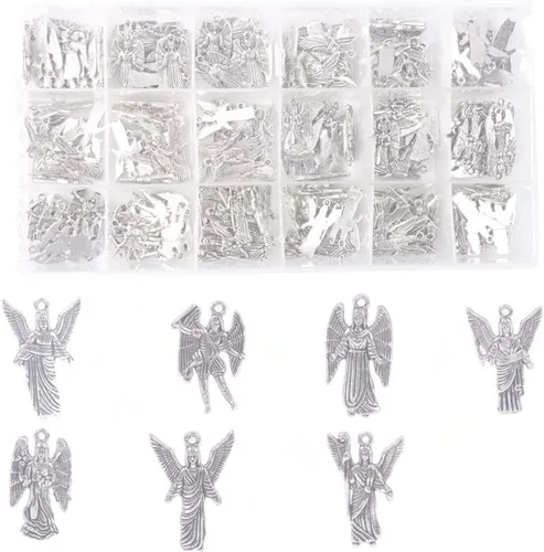 ChangJin - Una caja de 180 dijes de ángeles de metal plateado envejecido para hacer joyas en almacenamiento (7 estilos), Metal, No es una piedra