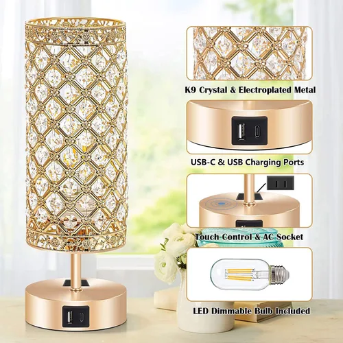 Vista 4 de Lámpara de mesa de cristal dorado, lámpara de escritorio para mesita de noche, control táctil, luz nocturna para mujer, decoración de dormitorio