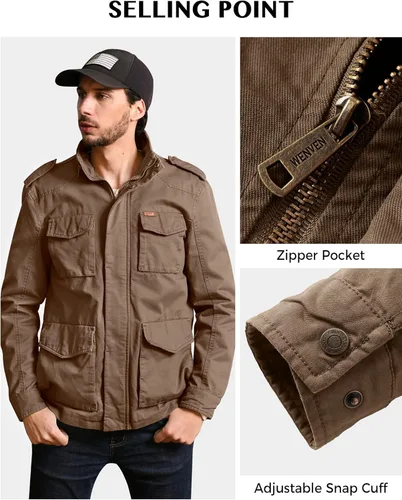 Vista 6 de WenVen Chaqueta ligera de estilo militar para hombre, rompevientos de algodón de sarga