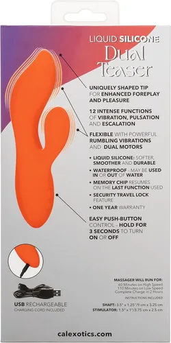 Vista 5 de CalExotics Stella Liquid Silicone Dual Teaser - Vibrador masajeador de conejo recargable premium - Juguete sexual para mujeres - Naranja