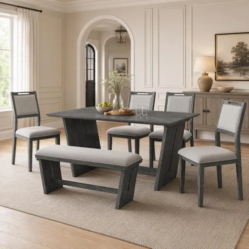 Vista 20 de Juego de mesa de comedor de 6 piezas con banco y 4 sillas Negro Beige-1