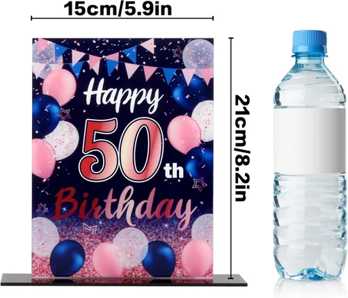 Vista 207 de LINGTEER Decoración de cumpleaños, soporte para globos, centros de mesa de acrílico, póster impreso de feliz 50 cumpleaños, centros de mesa de Negro