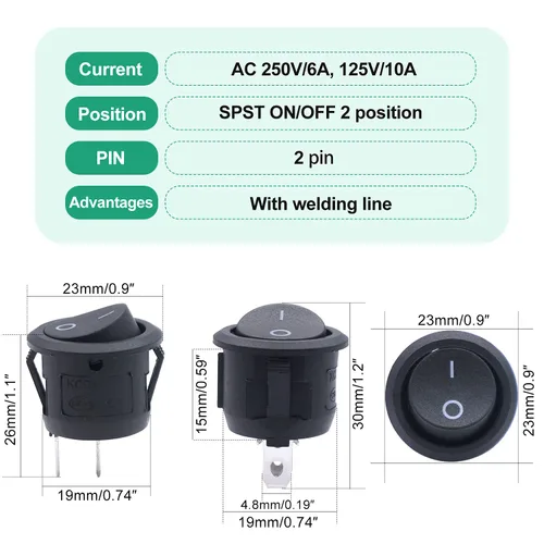 Vista 4 de Twidec Interruptor de botón momentáneo de 0.472 in y 10 interruptores basculantes AC 6A/250V 10A/125V SPST 2 pines 2 posiciones ON/OFF con cables