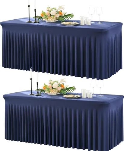 Vista 11 de Mantel de elastano negro de 6 pies para mesas rectangulares de 6 pies, paquete de 2 manteles elásticos sin arrugas para fiestas, bodas, cumpleaños