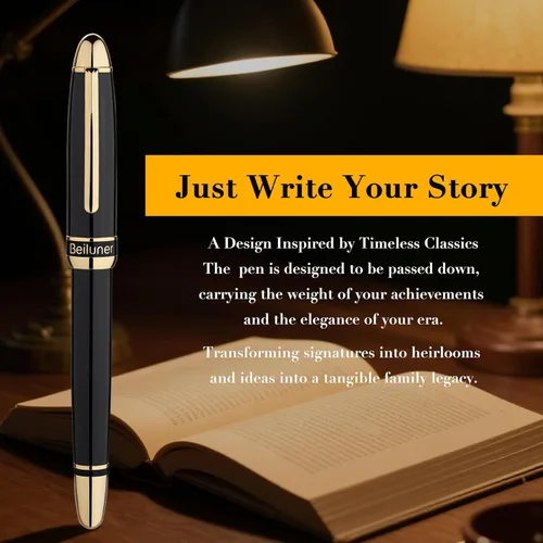 Vista 8 de BEILUNER 315 Pluma fuente negra – Impresionante pluma de lujo con acentos de oro de 24 quilates, hermosa punta dorada de 24 quilates (mediana)