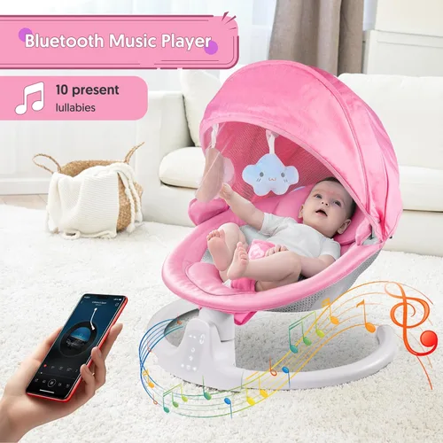Vista 7 de Columpio de bebé con Bluetooth para bebés, compacto y portátil, color rosa, 3 posiciones de asiento, 5 velocidades de columpio, 10 música, control