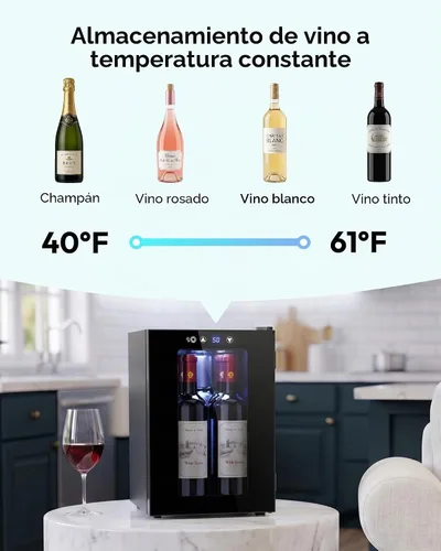 Vista 2 de EUHOMY Nevera de vino independiente de 18 litros, mini nevera para 4 botellas y 6 latas para vino tinto y blanco, bodega con pantalla digital LED