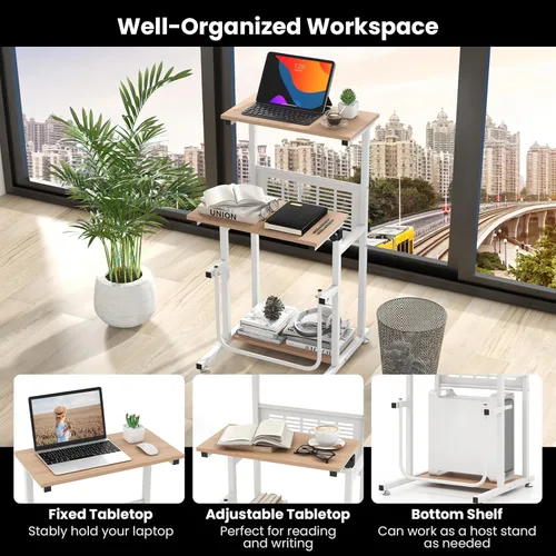 Vista 4 de Tangkula Small Standing Desk, Height Adjustable Teacher Podium Stand, Compact Standing Table Lectern Podium, Laptop Desk with Footrest, Suitable for