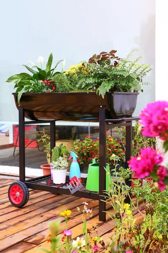 Vista 8 de Aveyas Macetero elevado de metal con ruedas con kit de jardinería, elevado, carrito móvil de jardín con patas, compatible con patio