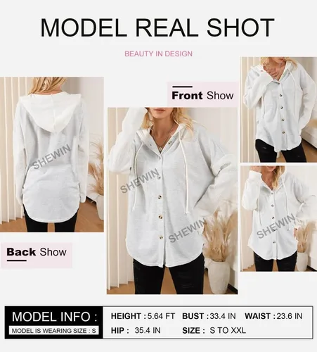 Vista 4 de SHEWIN Sudaderas con capucha de gran tamaño para mujer, casual, de manga larga, con cordón y botones, con bolsillo
